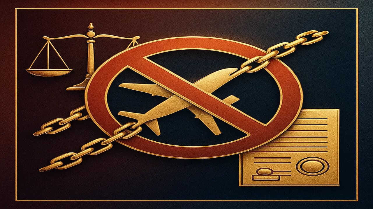 الغاء قرار المنع من السفر: الإجراءات القانونية والتظلم 2025 1 صورة احترافية تعبر عن المنع من السفر: طائرة مقيدة بسلاسل ذهبية، جواز سفر، علامة منع، ميزان العدالة، وشعار المحكمة على خلفية زرقاء داكنة