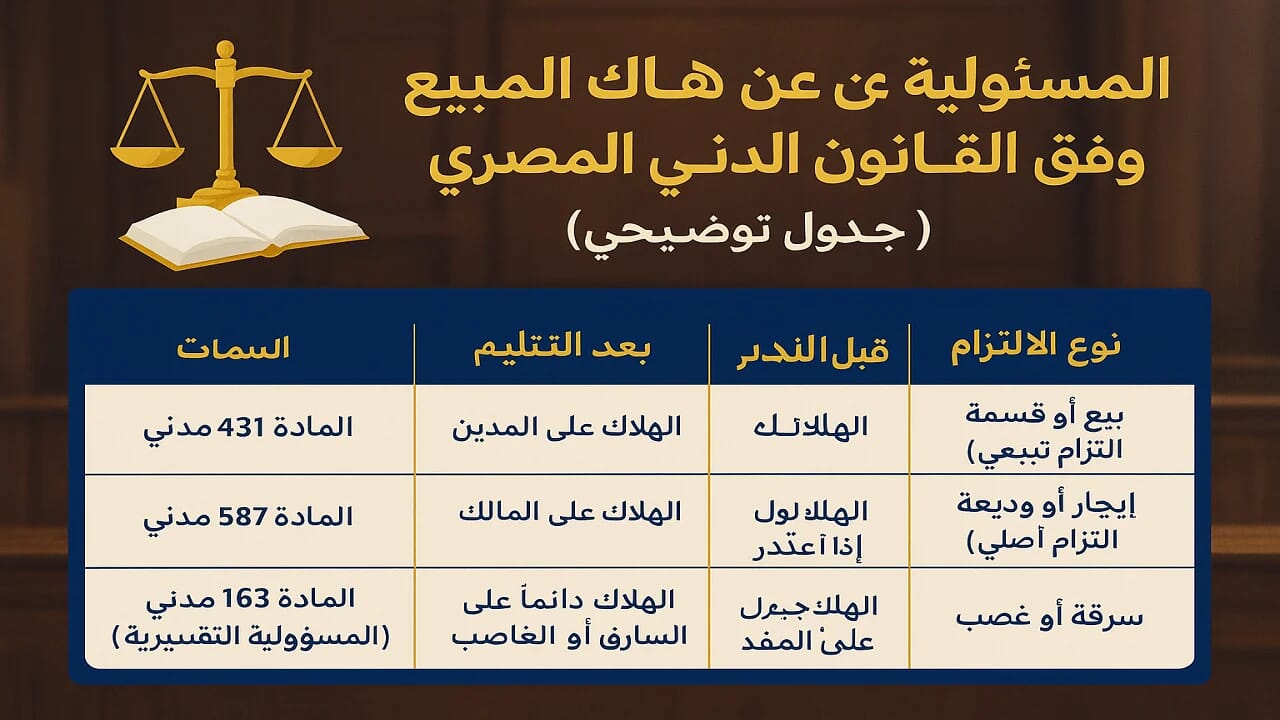 المسئولية عن هلاك المبيع وفق القانون المدني المصري هلاك الشيء قبل التسليم وبعد الاعذار وفقا للمادة 207 مدني | عبدالعزيز حسين عمار محامي الميراث والملكية والمدني بالزقازيق