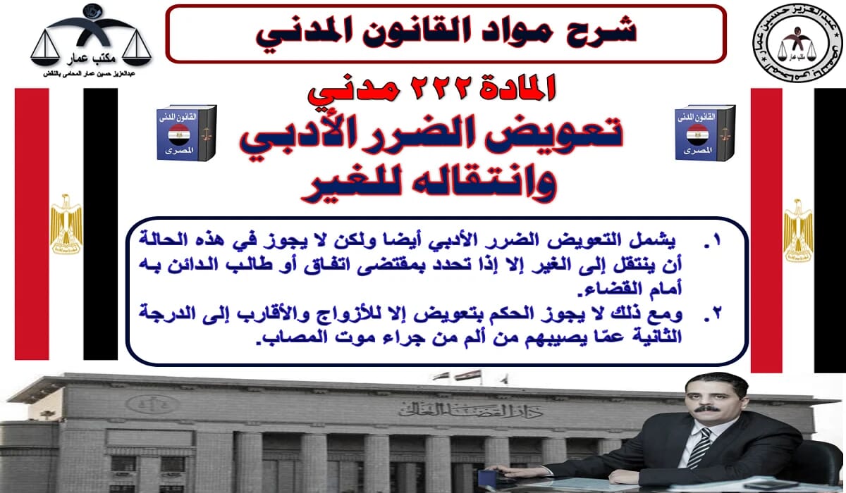 المادة 222 مدني: تعويض الضرر الأدبي وانتقاله للغير 5 تعويض الضرر الأدبي وانتقاله للغير