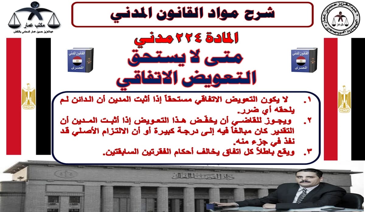 التعويض الاتفاقي متى لا يستحق ؟: المادة 224 مدني 4 التعويض الاتفاقي متى لا يستحق