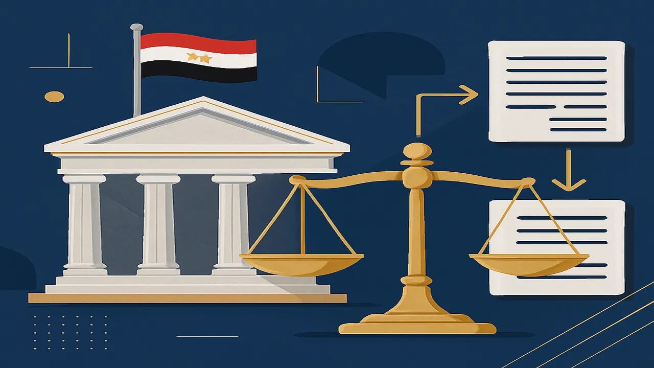 الطلب العارض والطلب الأصلي وفق المادة 125 مرافعات ونقض 2025 2 عناصر قانونية وقضائية مصرية: ميزان العدل وكتب القانون وختم رسمي مع ألوان علم مصر، تمثيل احترافي للارتباط بين الطلب العارض والطلب الأصلي