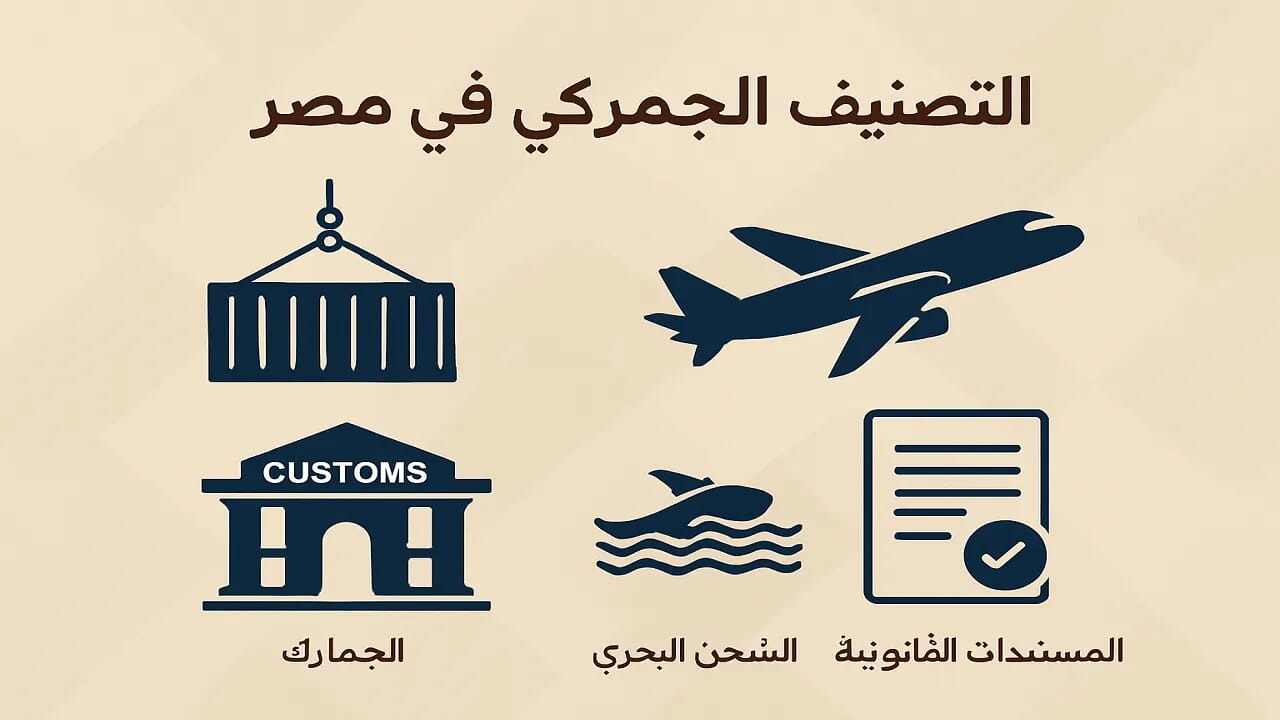 تصنيف الجمارك في مصر - الشحن والإجراءات الجمركية تصميم احترافي عالي الدقة يعكس تصنيف الجمارك في مصر، يتضمن رموز الحاويات والشحن والمباني الجمركية والوثائق القانونية