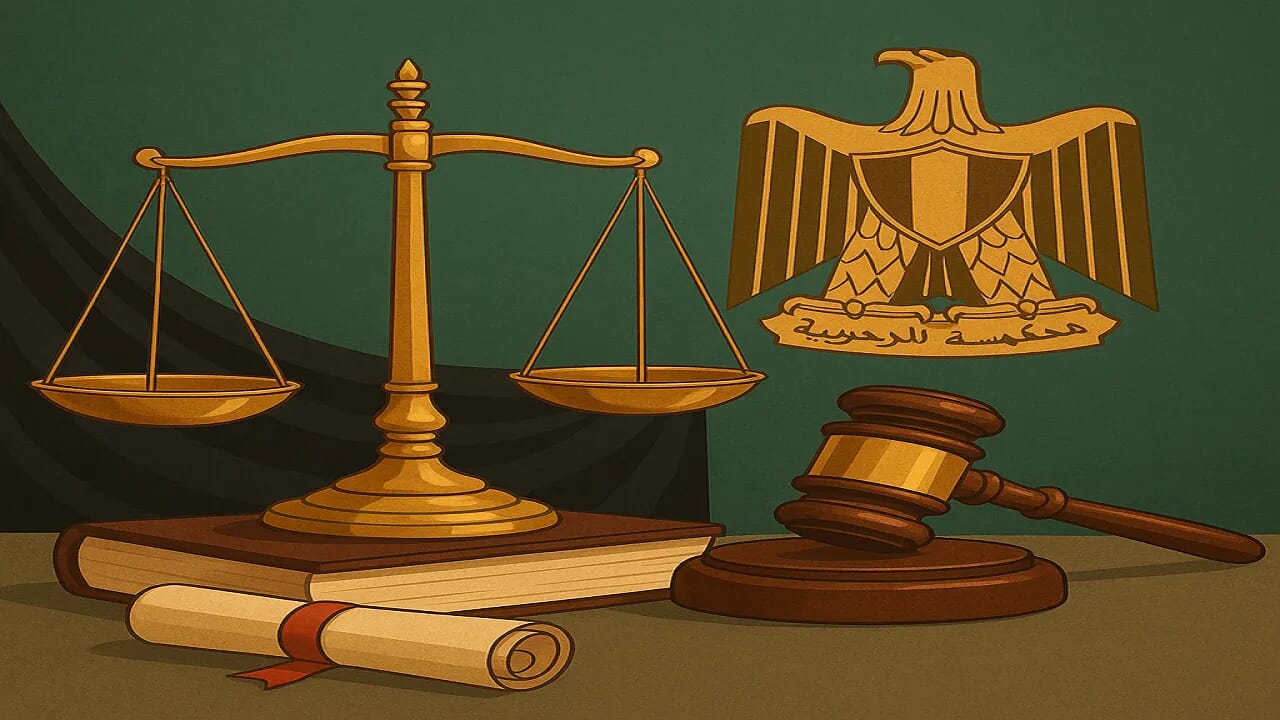 سقوط الحق في فسخ عقد البيع بالتقادم الطويل: متى ولماذا؟ 21 ميزان العدالة ودفتر قانوني ومطرقة قاضٍ أمام شعار جمهورية مصر العربية يعبران عن مفهوم سقوط الحق في فسخ عقد البيع بالتقادم الطويل