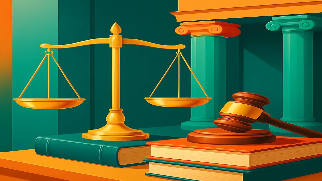 ميزان ذهبي متوازن بألوان زاهية وحديثة يمثل العدالة والحماية القانونية برفقة رموز قضائية مثل مطرقة وكتب قانون بألوان فيروزي وأخضر زمردي