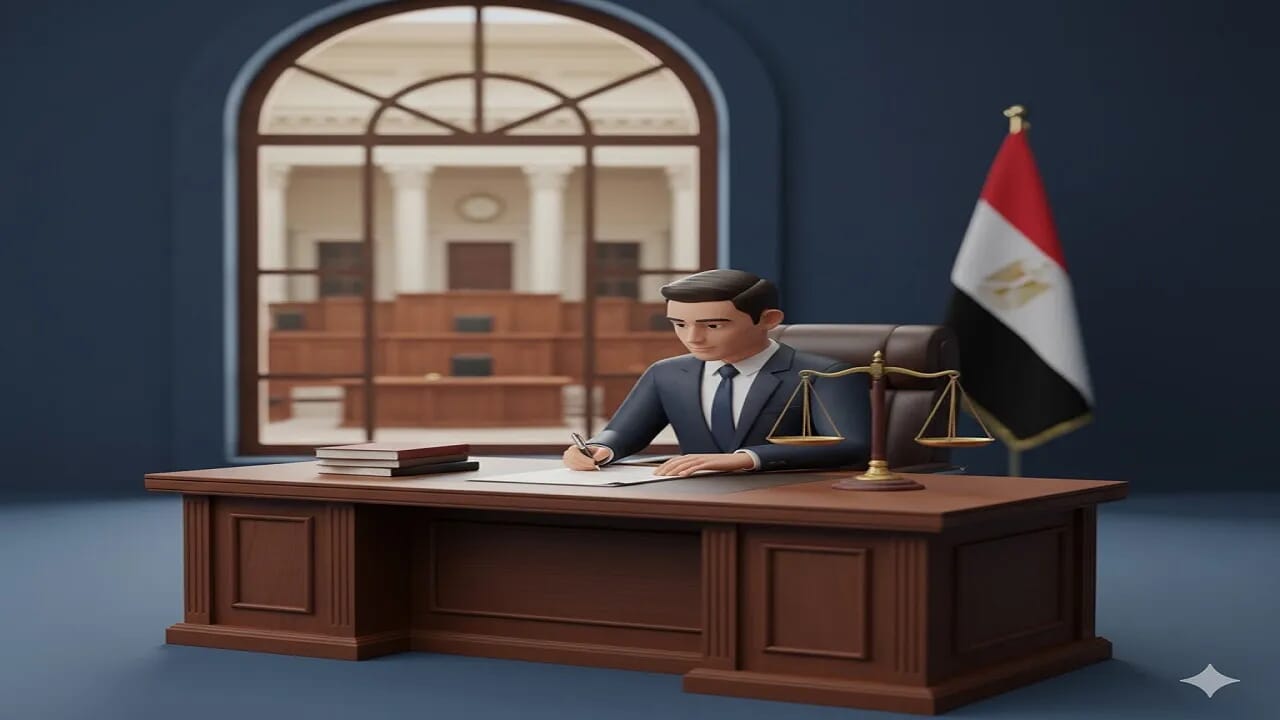 الطعن بالتزوير دفاع جوهري رموز قانونية احترافية تشمل مطرقة القاضي والميزان والمستندات القانونية المختومة والأعمدة المصرية بألوان بحرية وأحمر مخدر وذهبي