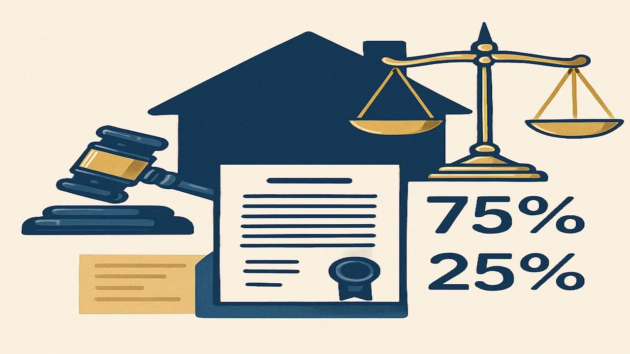 بطلان تصرف الأغلبية في المال الشائع - ميزان العدل مع مطرقة القاضي وعقار مقسم بنسب توضح حقوق الأغلبية والأقلية في المال الشائع بموجب المادة 832 مدني