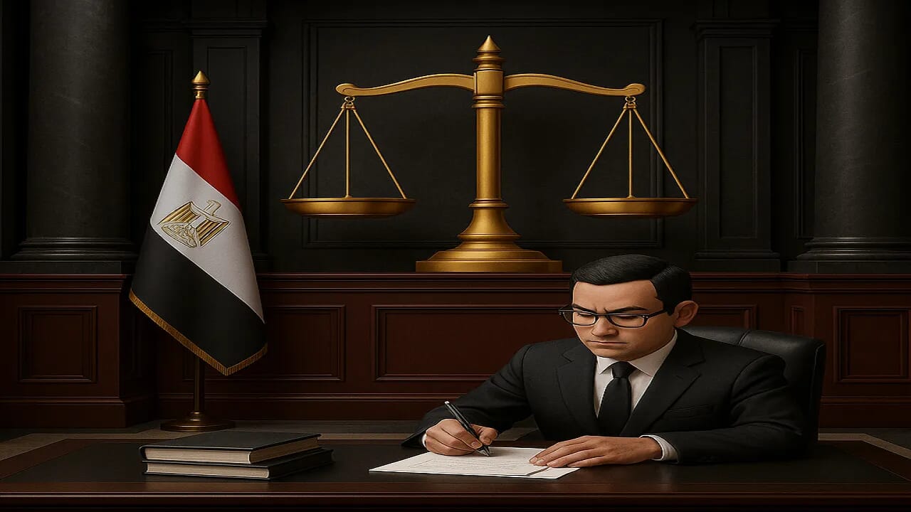 تصميم قانوني متطور يجمع بين كتب القانون والأختام الرسمية وتمثال العدالة برونز في بيئة محكمة رسمية فاخرة