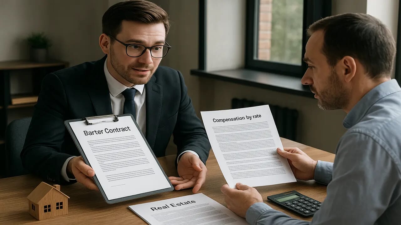 التعويض بمعدل في عقد المقايضة: شرح المادة 483 القانون المدني 2 تصوير رمزي لعقد مقايضة غير متكافئ القيمة مع ميزان عدالة يرمز للتعويض بالمعدل