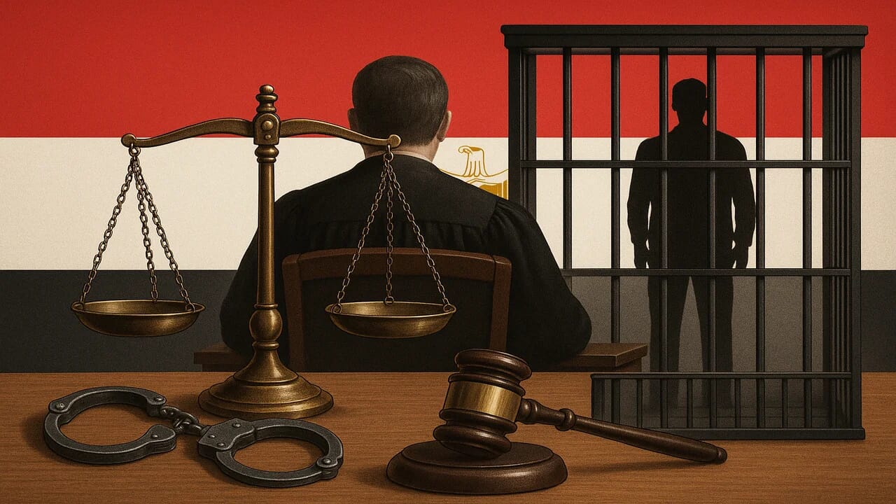 صورة تعبيرية عن قانون الإجراءات الجنائية الجديد 2025 في مصر تتضمن ميزان عدالة وقفص اتهام وقيود حديدية وعلم مصر