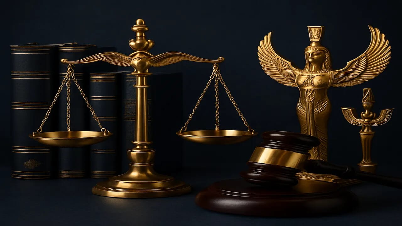ميزان العدالة متوازن يرمز لمبدأ لا يضار الطاعن بطعنه بجانب مطرقة القاضي وكتب القانون في قاعة محكمة بألوان زرقاء وذهبية