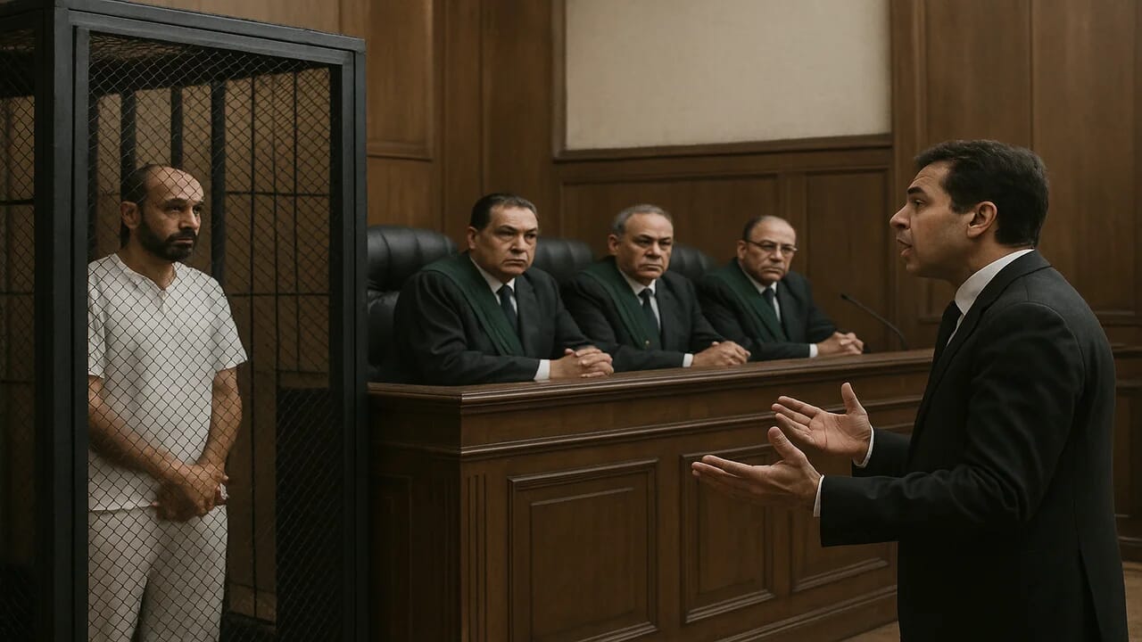 قانون الإجراءات الجنائية الجديد رقم 174 لسنة 2025 1 قاعة محكمة مصرية يظهر فيها القضاة على المنصة والمتهم داخل القفص والمحامي واقفا يترافع في قضية جنائية